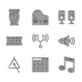 Set Musical tuning fork, Drum machine, note, tone, Speaker volume, Triangle, Stereo speaker and icon. Vector Royalty Free Stock Photo