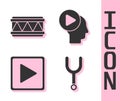 Set Musical tuning fork, Drum, Play in square and Head people with play button icon. Vector Royalty Free Stock Photo