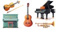 Set of musical vector instruments. Wind instruments, grand pianos, violin and guitar. Vector illustration for design