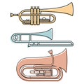 Set of musical wind instruments trumpet trombone tuba, color isolated vector illustration