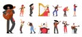 Set Of Musicians Male And Female Characters Play Guitar, Maracas, Harp, Drums And Trumpet. Mean And Women Singing