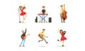 Set of Musicians and Singers, Young Men and Women Playing Classical and Modern Musical Instruments and Singing Cartoon