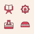 Set Muslim hat for prayer, Holy book of Koran, Mosque and Donate pay your zakat icon. Vector