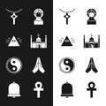 Set Muslim Mosque, Masons, Christian cross chain, Jesus, Yin Yang, Hands praying position, Cross ankh and Church bell