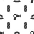 Set Mustache and beard, Hair dryer and Classic Barber shop pole on seamless pattern. Vector Royalty Free Stock Photo