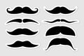 Set of mustaches isolated on white background. Stickers set for print. Black silhouette of adult man moustaches. Vector