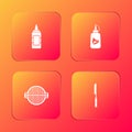 Set Mustard bottle, Ketchup, Barbecue grill and knife icon. Vector