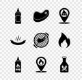 Set Mustard bottle, Steak meat, Location with barbecue, Ketchup, fire flame, Sausage and Barbecue grill steak icon