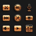 Set Mute microphone, Play button, Music player, Online video, Speaker mute, Rewind, Microphone and or editing icon Royalty Free Stock Photo