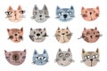 Set of muzzles of cats drawn by hand. Animal cartoon pattern for wrapping paper, textiles, posters, scrapbooking. Funny children`
