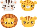 Set of muzzles of wild cats. Tiger, Bengal tiger, lion, leopard. Cute animal faces on white background