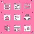 Set MySQL code, Software, Keyboard, Browser with exclamation mark, Code terminal, Processor, Computer and Debugging icon Royalty Free Stock Photo