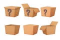 Set mystery cardboard box with question, closed present in cartoon style isolated on white background. Funny lucky