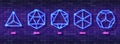 Set of Mystic Esoteric Neon Colorful Symbols. Five Minimal Ideal Platonic Solids. Sacred Geometry Sign Template Design. Vector