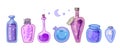 Set of mystic magical poisons and antidotes. Spirituality alchemy and Potion Making. Vector hand drawn cartoon bottles