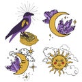 Set of 4 mystic svenes with amethyst and golden crystals , sun and moon. Royalty Free Stock Photo