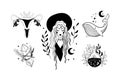 Set of mystical boho boho icons. Beautiful witch girl with magical symbols womb, whale, potion, crystal hand drawing