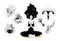 Set of mystical boho icons. Meditating woman hand drawn tattoo, witch crystals, womb symbol of sacred femininity, amulet