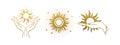 Set of mystical golden logos with the sun. The hand holds the sun. Set of vector drawings for tattoo, boho design