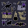 A set of mystical stickers with cats, spiders, cobwebs, sweets and inscriptions. Vector for Happy Halloween.