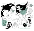 Set of mythical women and sea animals. Cute mermaid, whale and killer whale, fish, jellyfish, seahorse and wave. Vector