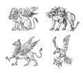 Set of Mythological animals. Cerberus Sphinx Griffin Mythical Basilisk Birds. Greek creatures. Engraved hand drawn Royalty Free Stock Photo