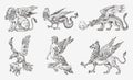 Set of Mythological animals. Chinese dragon Harpy Sphinx Griffin Mythical Basilisk Roc Woman Bird. Greek creatures