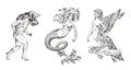 Set of Mythological animals. Mermaid Minotaur Harpy Woman Bird. Greek creatures. Engraved hand drawn antique old vintage