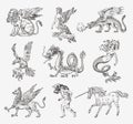 Set of Mythological animals. Mermaid Minotaur Unicorn Chinese dragon Cerberus Harpy Sphinx Griffin Mythical Basilisk Roc Royalty Free Stock Photo