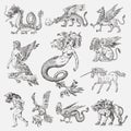 Set of Mythological animals. Mermaid Minotaur Unicorn Chinese dragon Cerberus Harpy Sphinx Griffin Mythical Basilisk Roc Royalty Free Stock Photo