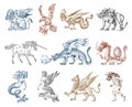Set Of Mythological Animals. Mermaid Minotaur Unicorn Chinese Dragon Cerberus Harpy Sphinx Griffin Mythical Basilisk Roc