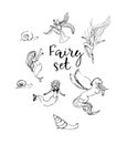 Set of Mythological animals. mermaids, fairies, pegasus, snails Royalty Free Stock Photo