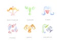 Set of n watercolor zodiac signs. Sagittarius, Cancer, Virgo, Pisces, Aries, Aquarius horoscope signs hand drawn vector