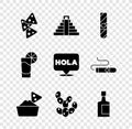 Set Nachos, Chichen Itza in Mayan, Cigar, bowl, Cactus, Tequila bottle, glass with lemon and Hola icon. Vector