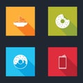 Set Nachos in plate, Donut, and Aluminum can icon. Vector Royalty Free Stock Photo