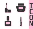 Set Nail file, Mascara brush, Nail polish bottle and Cream or lotion cosmetic tube icon. Vector