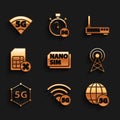 Set Nano Sim Card, 5G network, Antenna, card rejected, Router and wi-fi signal and icon. Vector
