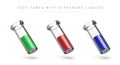 Set of narrow laboratory test tubes with green, red, blue liquid Royalty Free Stock Photo