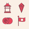 Set National flag of Japan on pole, Japan Gate, Temaki roll and Sushi icon. Vector Royalty Free Stock Photo