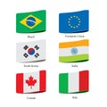 Set of National flags. Flag of Brazil, European union, south korea, india etc