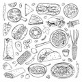 Set of national Mexican dishes. Tamale, tortilla, burrito, taco, fajitas, elote, pozole, con carne. Hand drawn outline vector Royalty Free Stock Photo