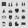 Set National Russia flag, Rouble, ruble currency, Medovik, Rocket ship, King crown, The Tsar bell, Ushanka and