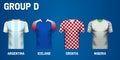 Set of team jersey for group D of football tournament in Russia Royalty Free Stock Photo