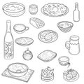 Set of national ukrainian food beverage, drinks, soup, meat pieces, pork, porridge, breakfast, dinner in black. Hand drawn vector