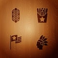 Set Native American Indian, Hotdog sandwich, flag and Potatoes french fries in box on wooden background. Vector