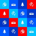 Set Native American Indian, Kayak or canoe, Christmas tree and Curling sport game icon. Vector Royalty Free Stock Photo