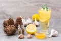 Set of natural antiviral agents: lemon, garlic, honey, herbs, cedar resin on the table. Alternative medicine. Immunity Care Royalty Free Stock Photo