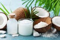 Set of natural coconut products for spa treatment, cosmetic or food ingredients decorated palm leaves.Coconut oil, water, shavings Royalty Free Stock Photo