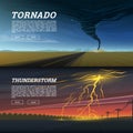 Set of natural disaster or cataclysms. Catastrophe and crisis Background. Realistic Tornado or storm, Lightning Strike