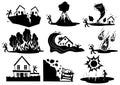 Set of natural disasters. Collection silhouettes of destruction on planet earth. Set of cataclysms volcanic eruption and